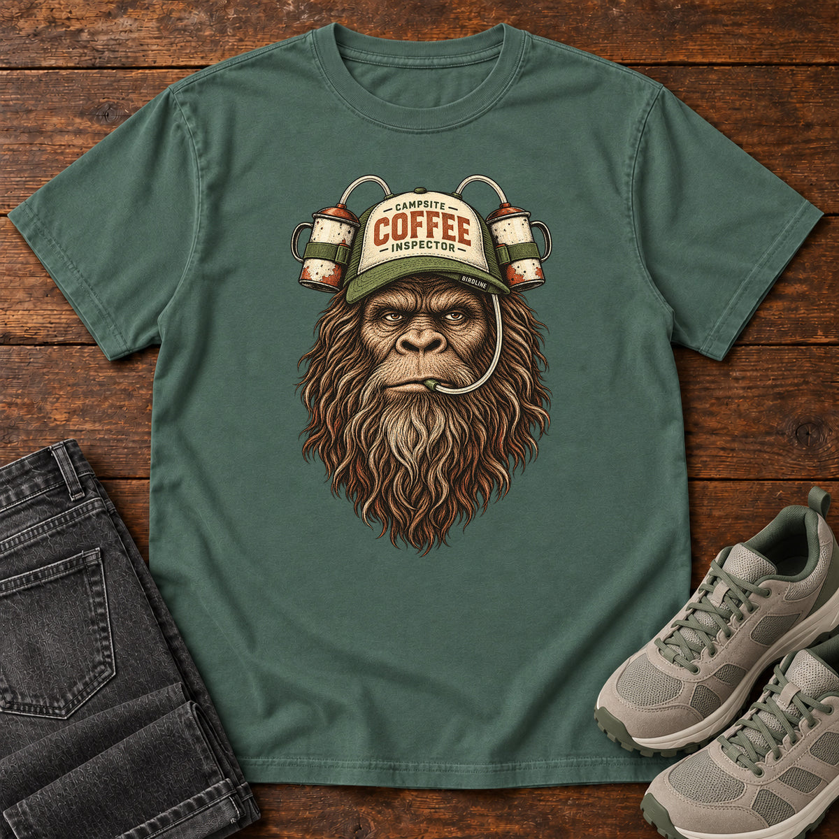 Campsite Coffee Inspector Bigfoot T-Shirt in Blue Spruce