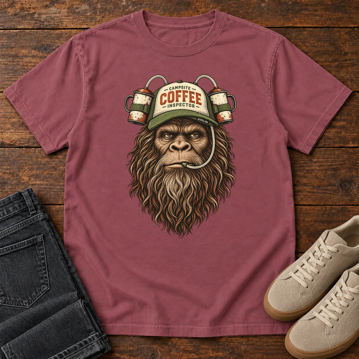 Campsite Coffee Inspector Bigfoot T-Shirt in Brick