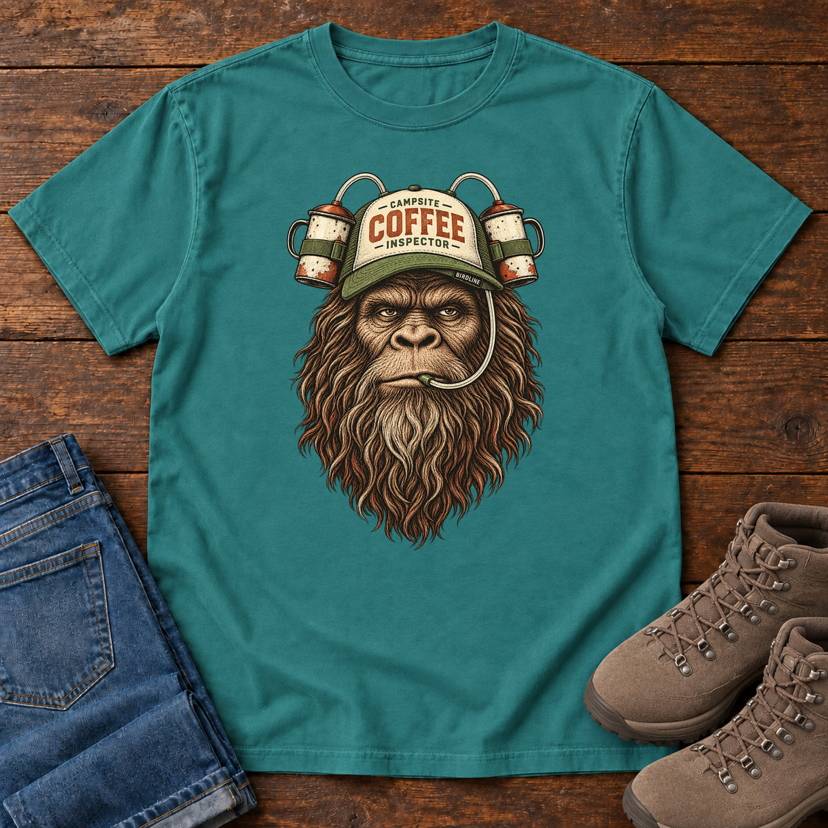 Campsite Coffee Inspector Bigfoot T-Shirt in Emerald