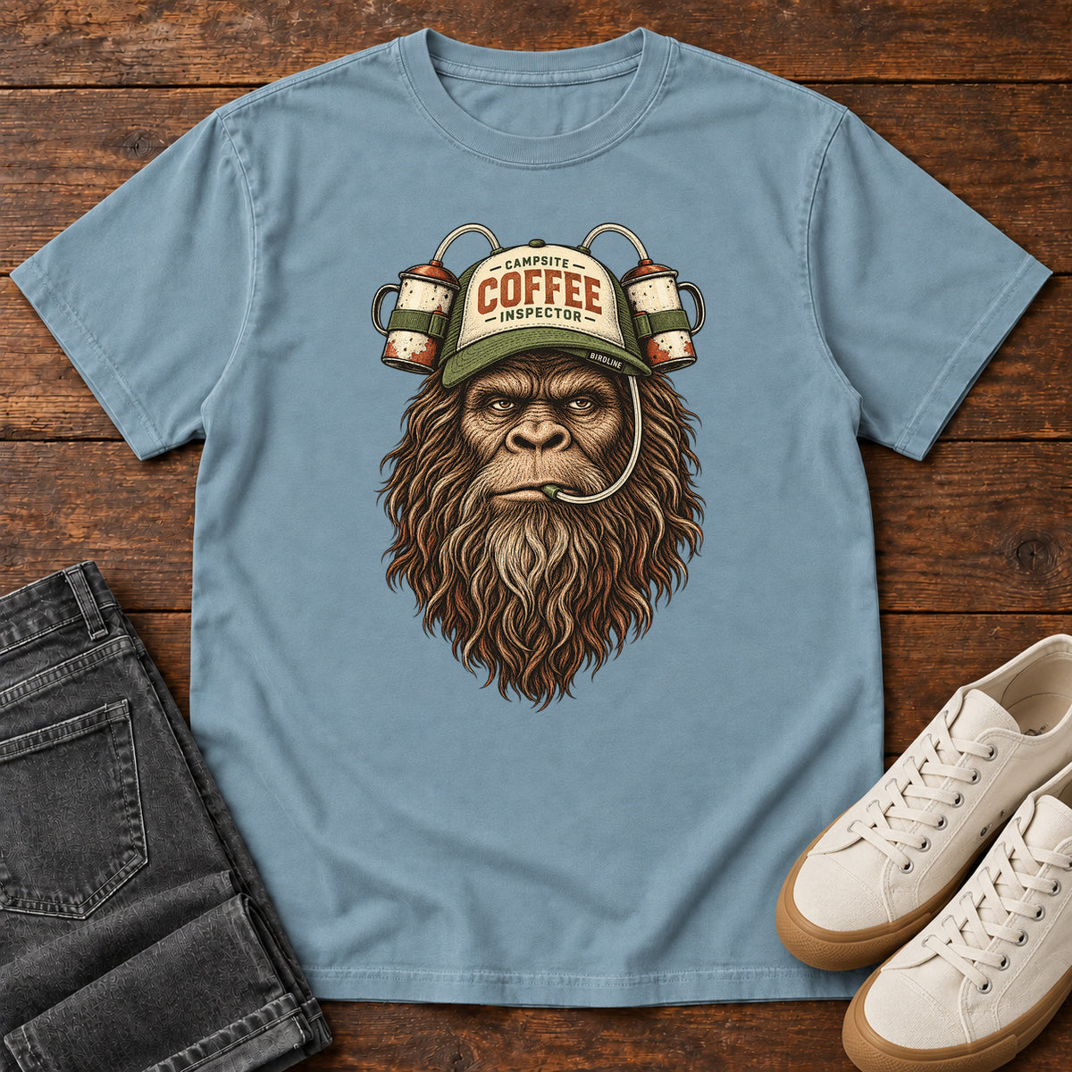 Campsite Coffee Inspector Bigfoot T-Shirt in Ice Blue