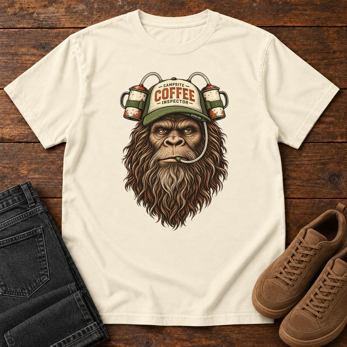 Campsite Coffee Inspector Bigfoot T-Shirt in Ivory