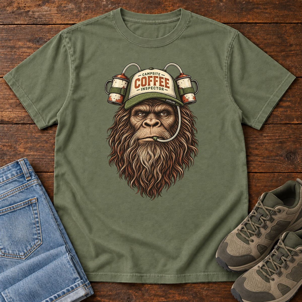 Campsite Coffee Inspector Bigfoot T-Shirt in Moss