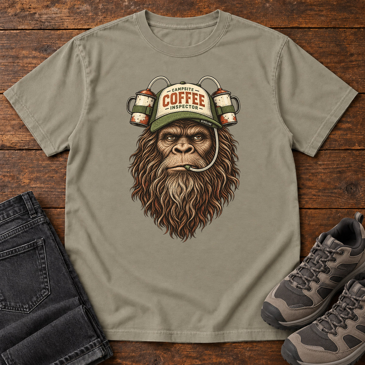 Campsite Coffee Inspector Bigfoot T-Shirt in Sandstone
