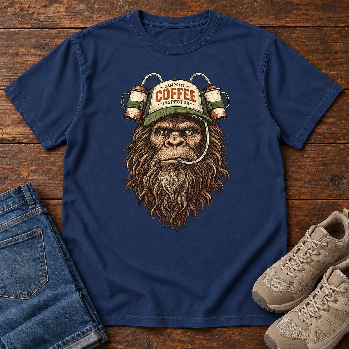 Campsite Coffee Inspector Bigfoot T-Shirt in True Navy