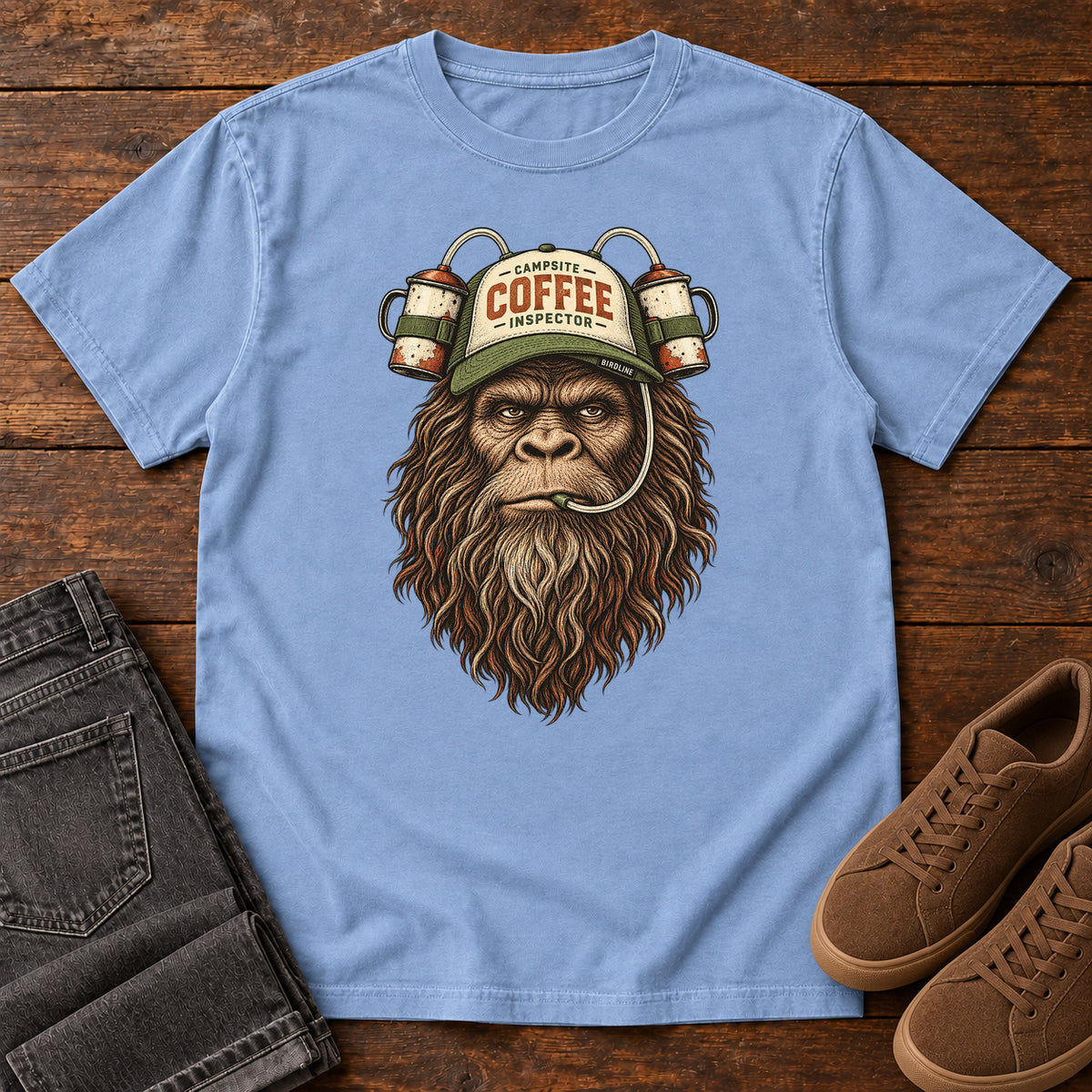 Campsite Coffee Inspector Bigfoot T-Shirt in Washed Denim