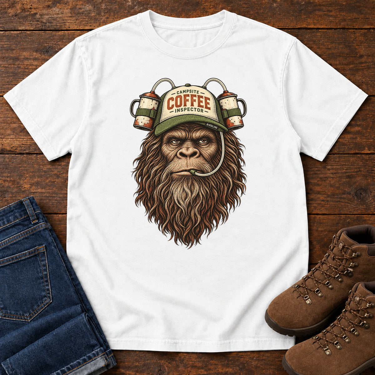 Campsite Coffee Inspector Bigfoot T-Shirt in White