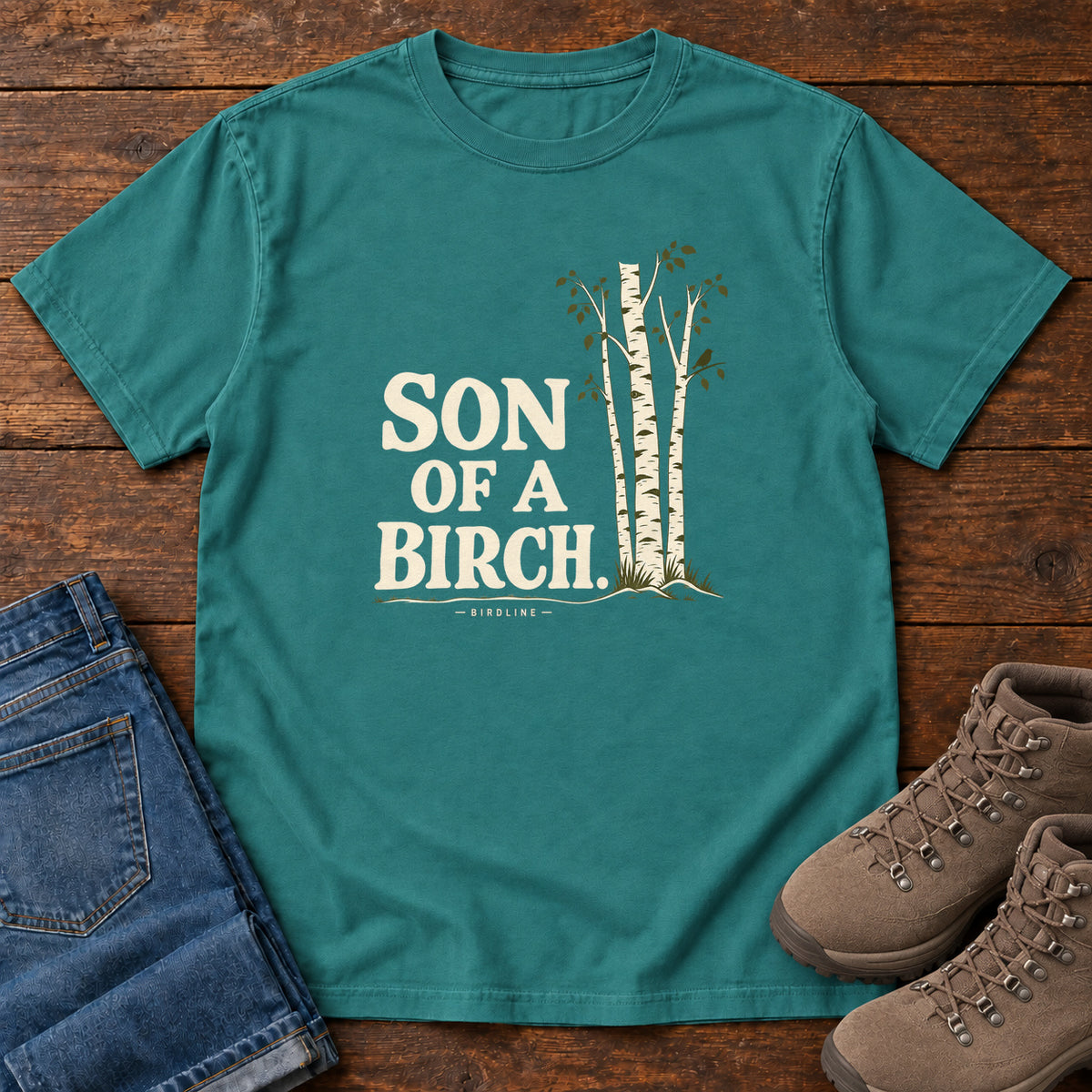Emerald Son of a Birch T-Shirt with cream lettering beside slender white-barked trees, front flat lay on wood.