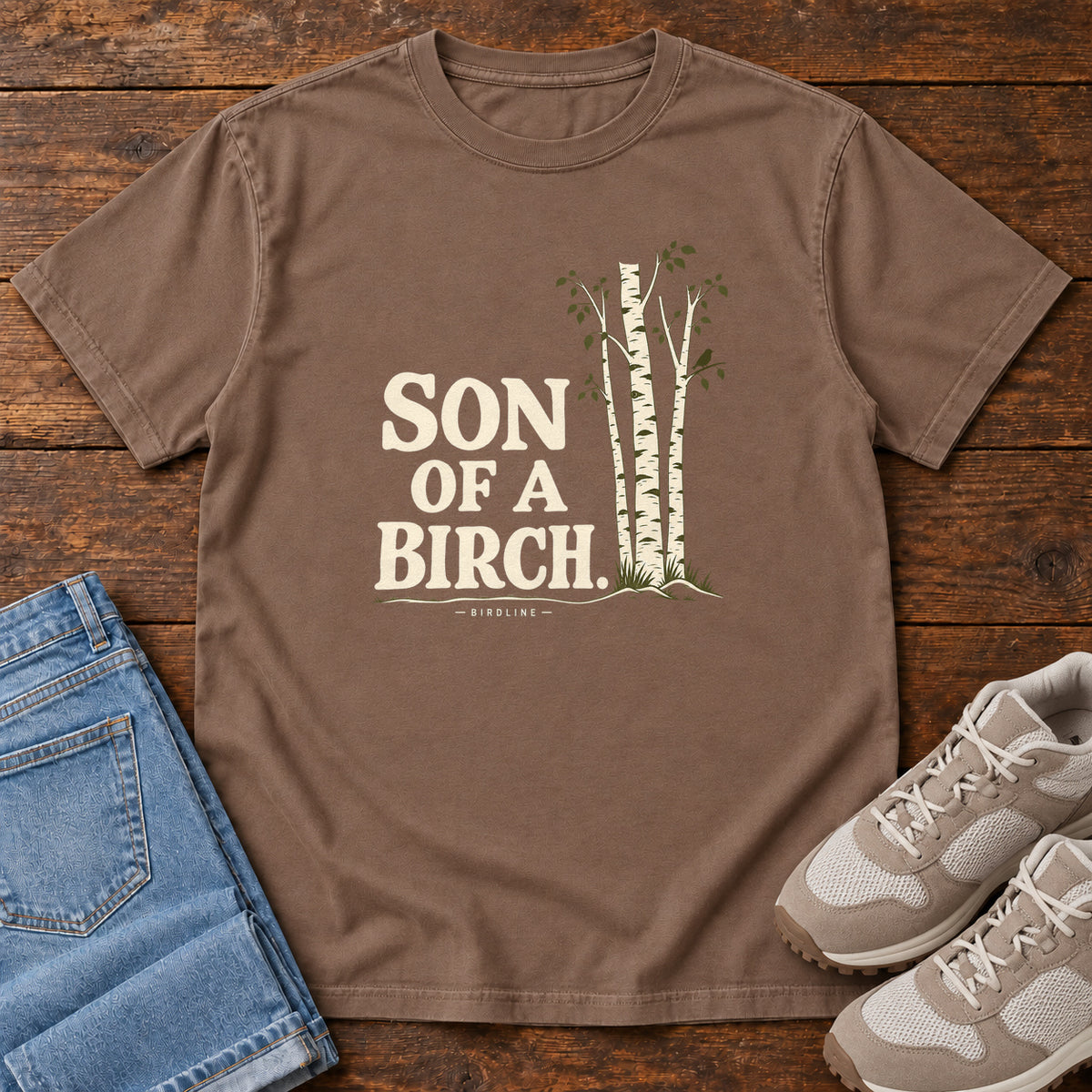 Espresso Son of a Birch T-Shirt with cream lettering beside slender white-barked trees, front flat lay on wood.