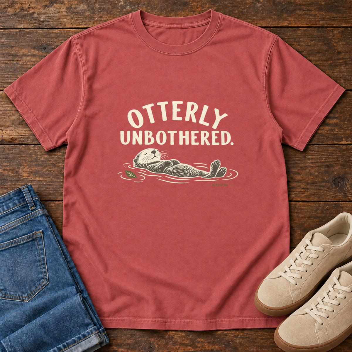 Crimson Otterly Unbothered T-Shirt with a cream line drawing of an otter floating on its back beneath curved lettering; front flat lay on wood.
