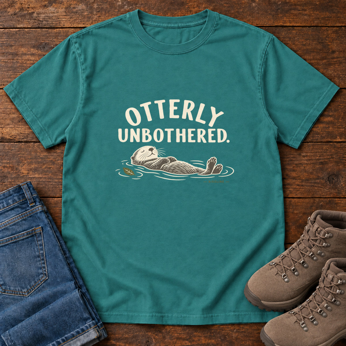 Emerald Otterly Unbothered T-Shirt with a cream line drawing of an otter floating on its back beneath curved lettering; front flat lay on wood.
