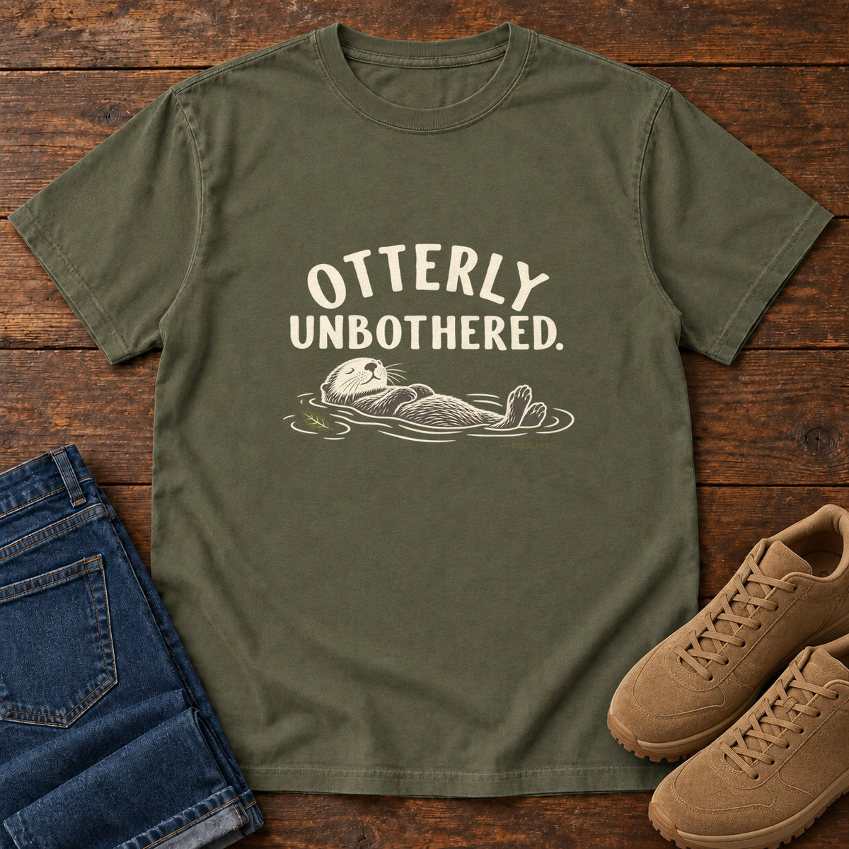 Sage Otterly Unbothered T-Shirt with a cream line drawing of an otter floating on its back beneath curved lettering; front flat lay on wood.