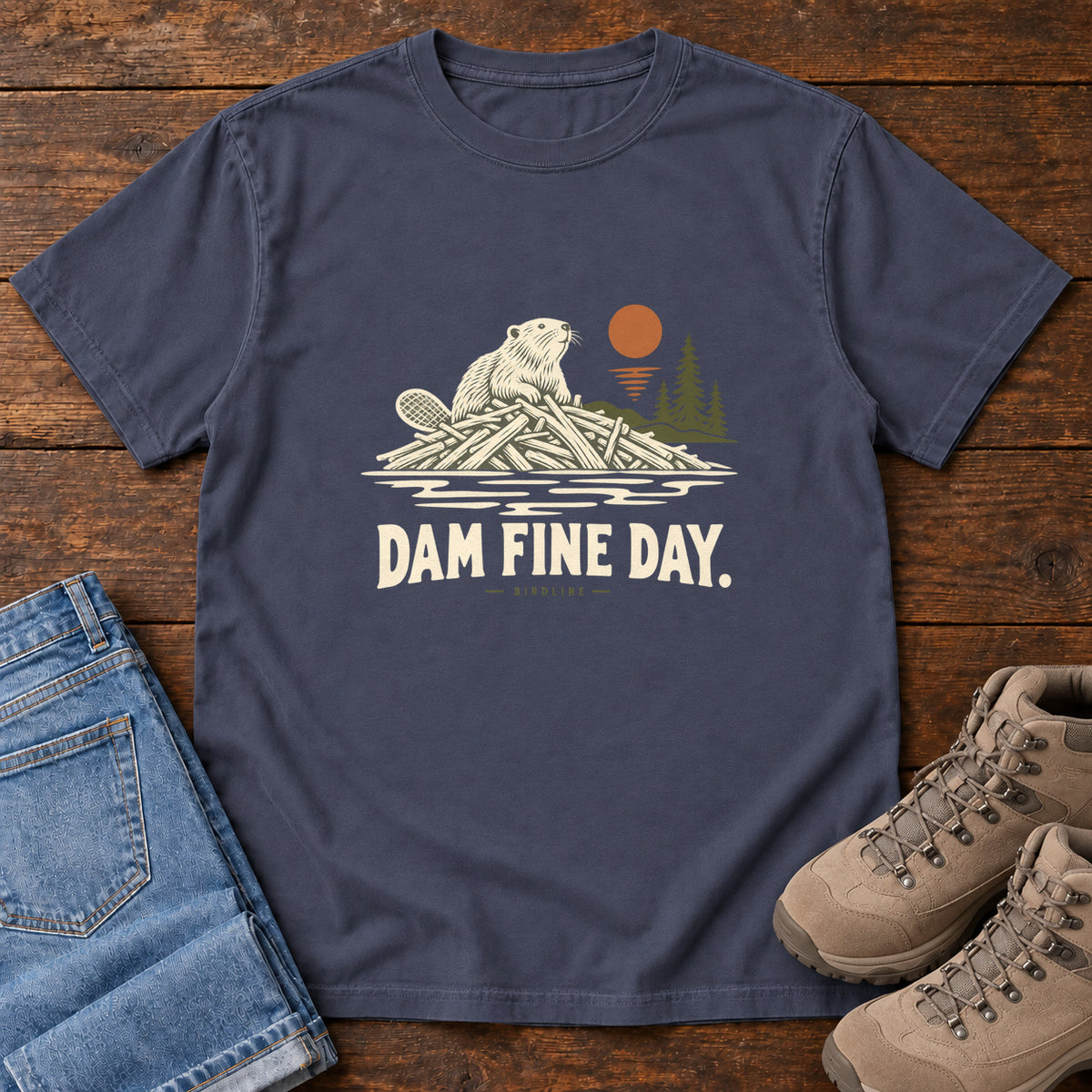 Navy Dam Fine Day T-Shirt with a beaver on a pile of branches beside evergreens and an orange sun; front flat lay on wood.