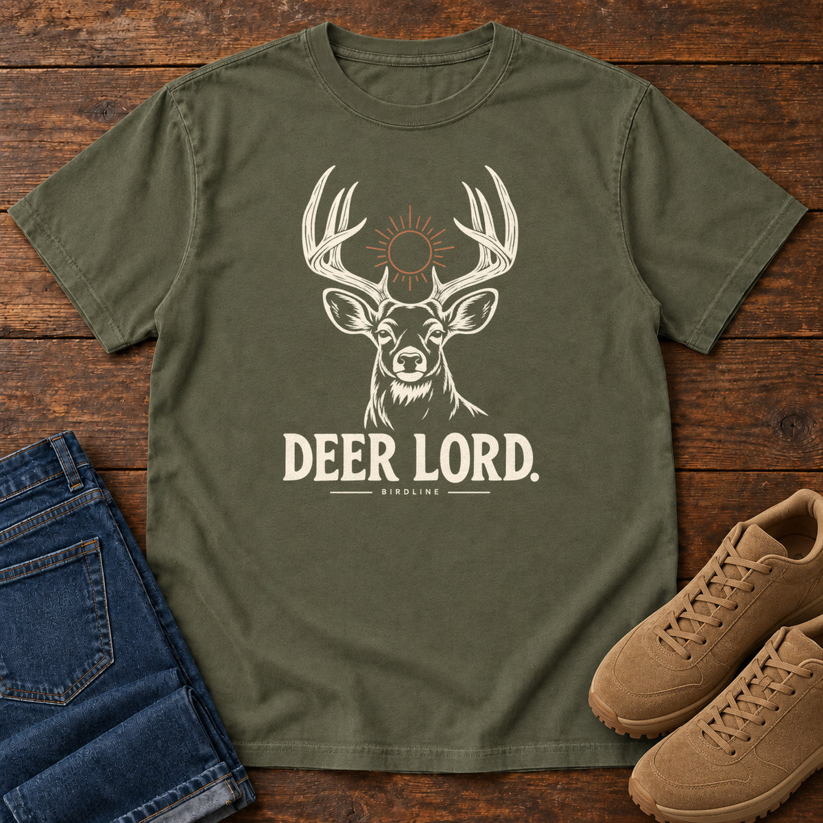 Sage Deer Lord T-Shirt with a cream antlered deer head, a sun symbol and Deer Lord lettering; front flat lay on wood.