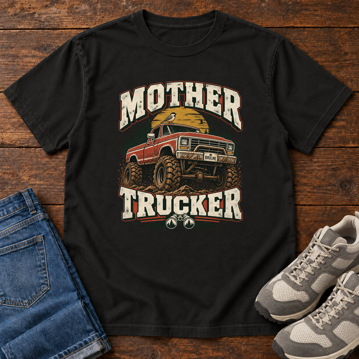 Black Mother Trucker Red Truck T-Shirt with a lifted red pickup truck, evergreen trees and cream lettering, front flat lay on wood.