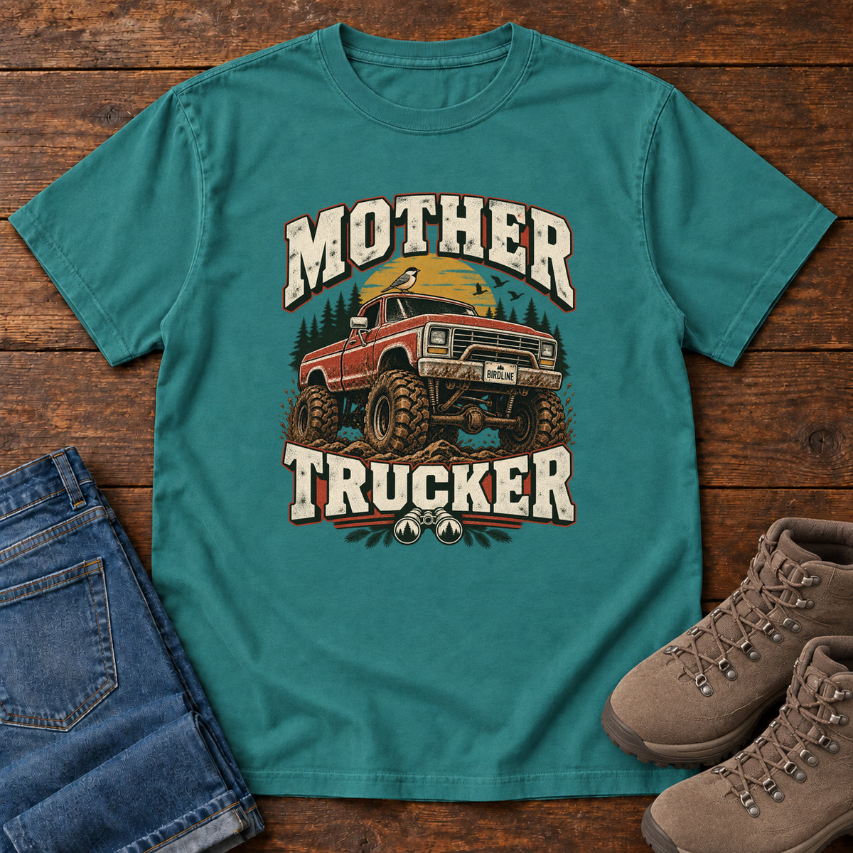 Emerald Mother Trucker Red Truck T-Shirt with a lifted red pickup truck, evergreen trees and cream lettering, front flat lay on wood.