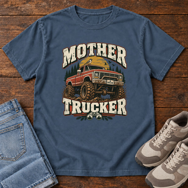 Mother Trucker Red Truck T-Shirt in Midnight, front view