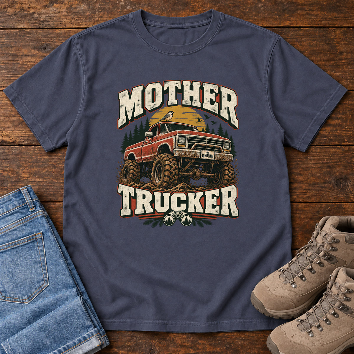 Navy Mother Trucker Red Truck T-Shirt with a lifted red pickup truck, evergreen trees and cream lettering, front flat lay on wood.