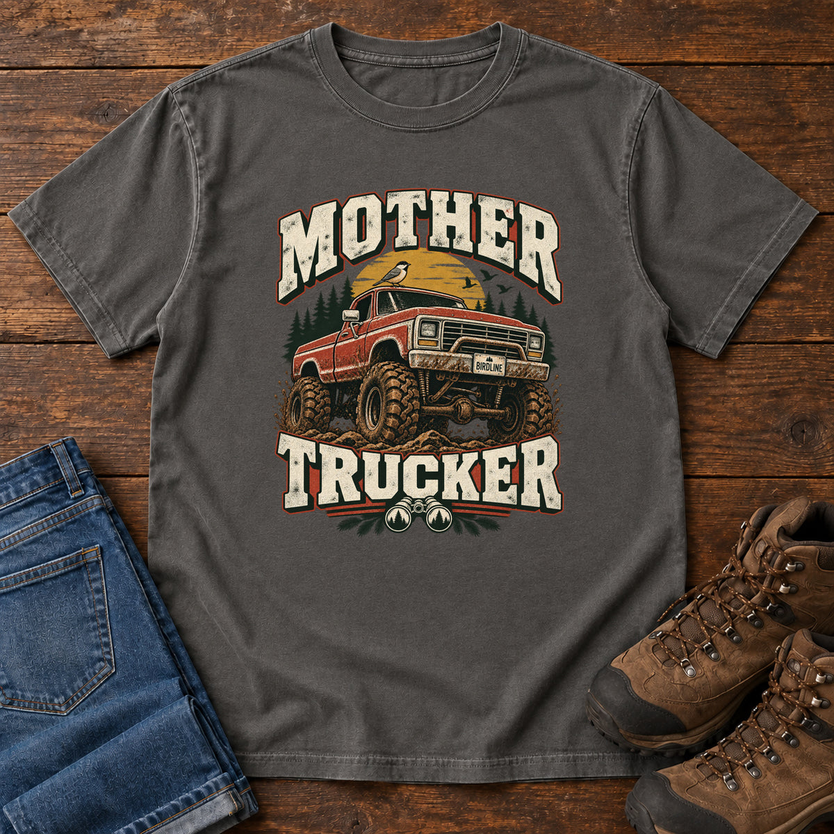 Pepper Mother Trucker Red Truck T-Shirt with a lifted red pickup truck, evergreen trees and cream lettering, front flat lay on wood.