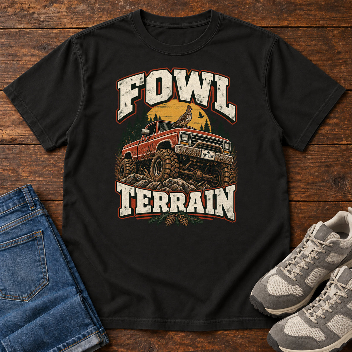 Fowl Terrain T-Shirt in Black, front laid flat on wood, featuring an orange off-road truck with a bird on its roof, pine trees, a yellow sun and bold cream lettering.