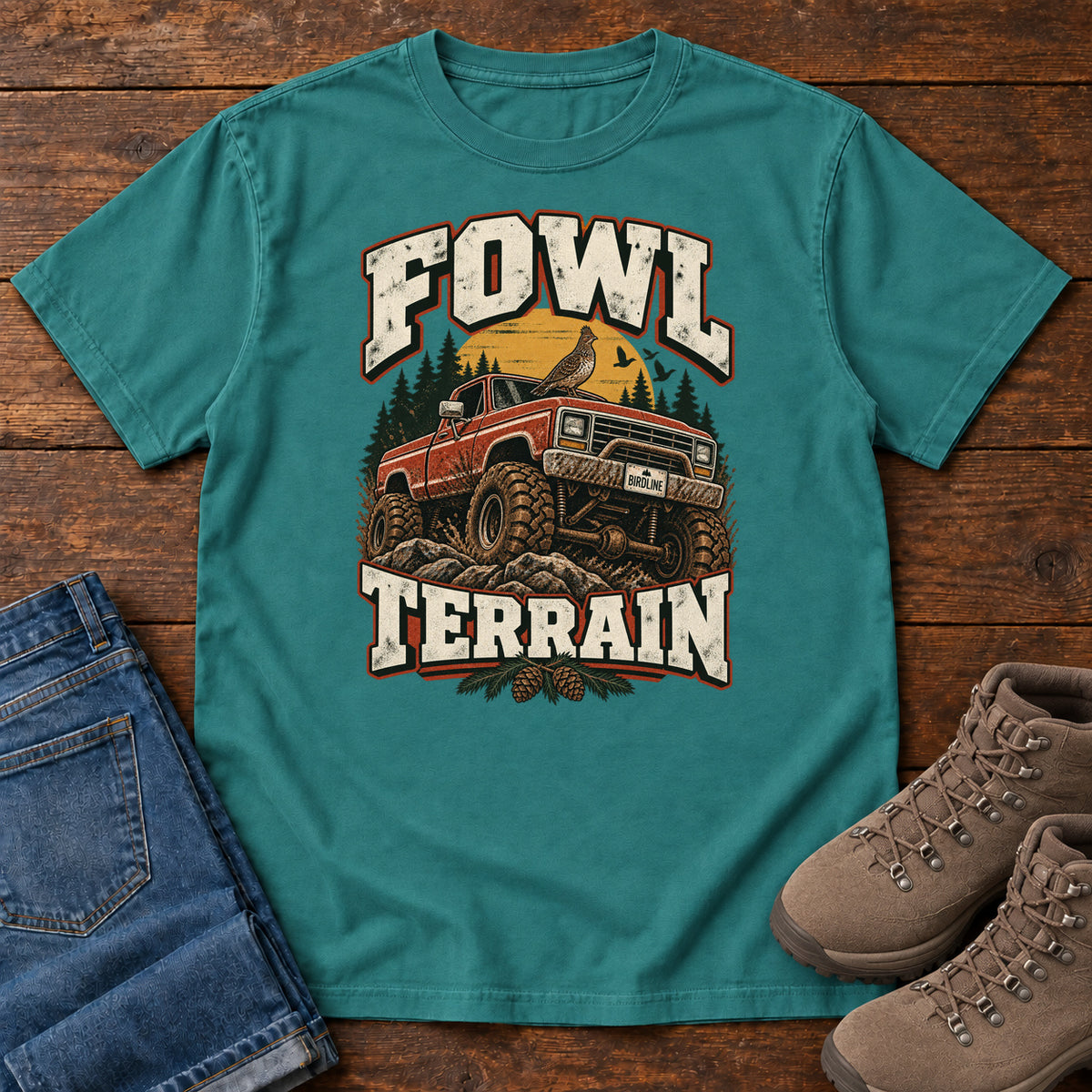Fowl Terrain T-Shirt in Emerald, front laid flat on wood, featuring an orange off-road truck with a bird on its roof, pine trees, a yellow sun and bold cream lettering.