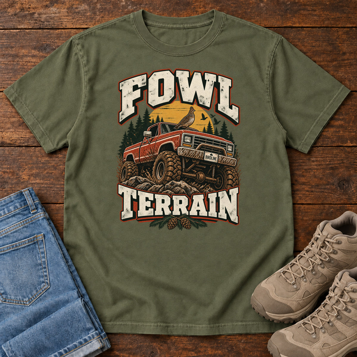 Fowl Terrain T-Shirt in Hemp, front laid flat on wood, featuring an orange off-road truck with a bird on its roof, pine trees, a yellow sun and bold cream lettering.