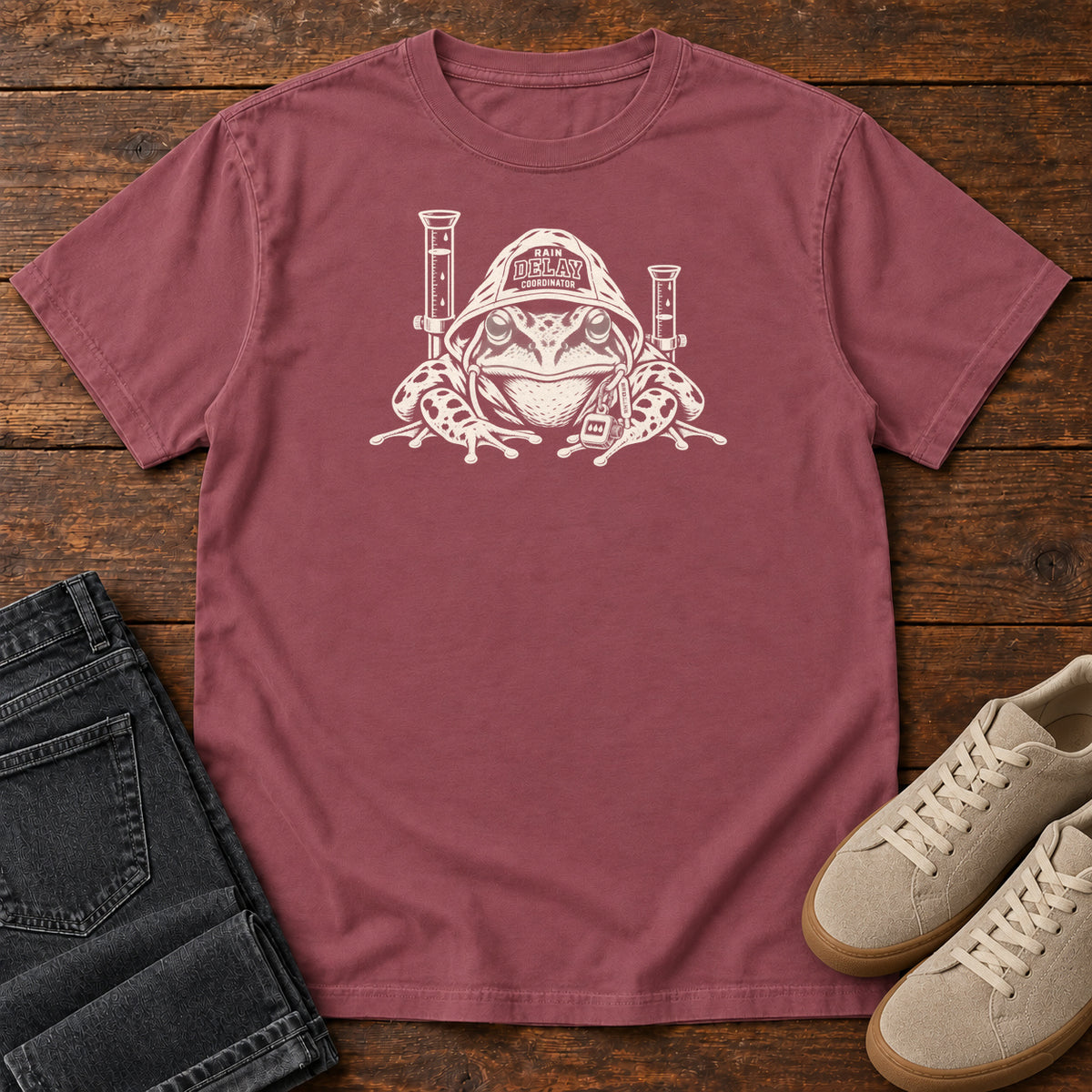 Rain Delays Coordinator Frog T-Shirt in Brick