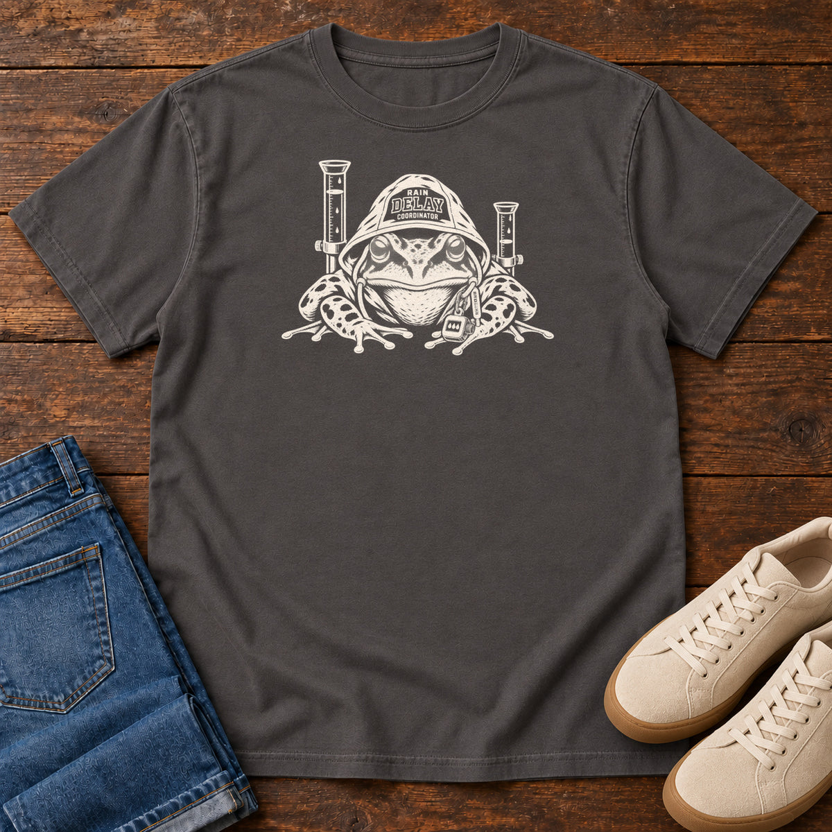 Rain Delays Coordinator Frog T-Shirt in Graphite