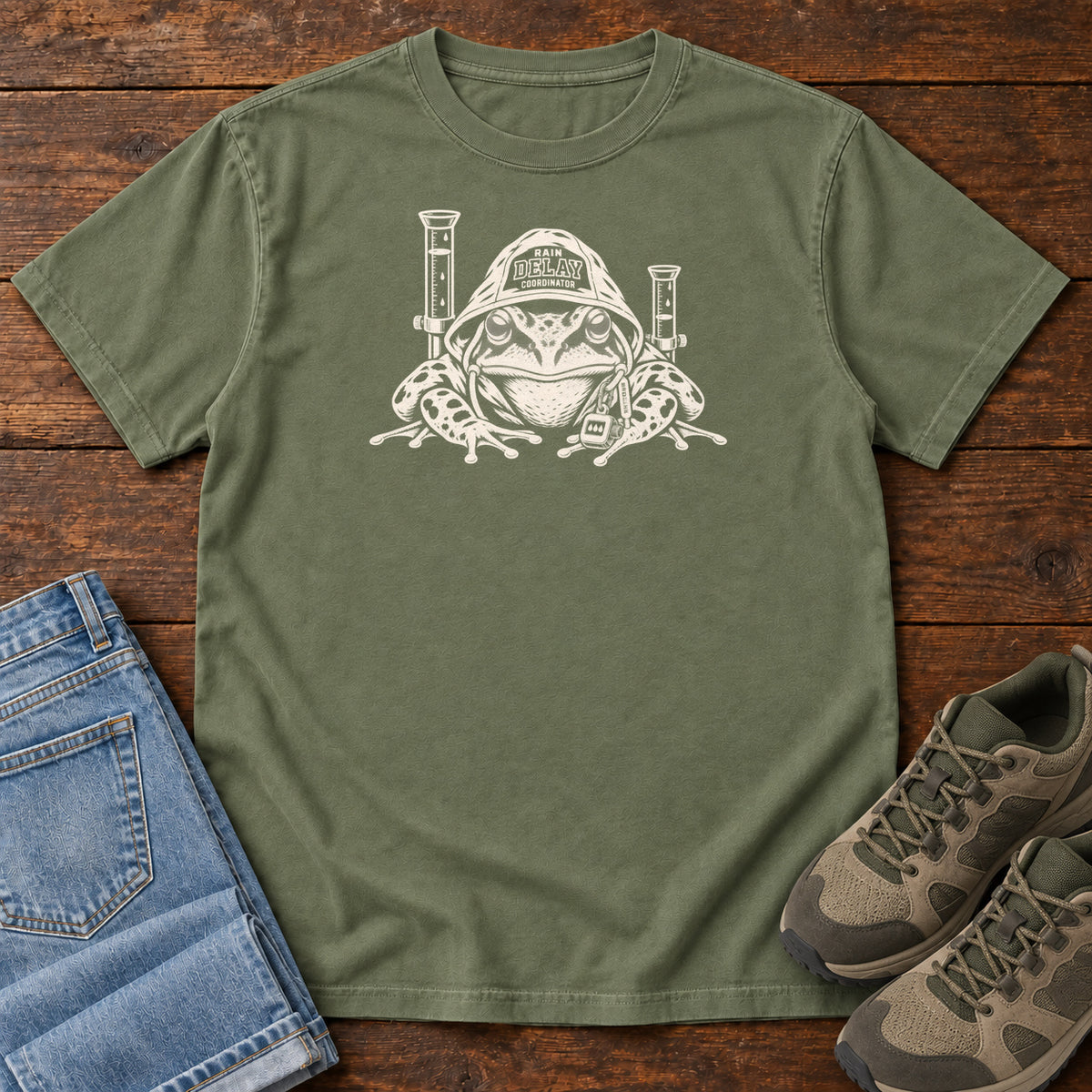 Rain Delays Coordinator Frog T-Shirt in Moss