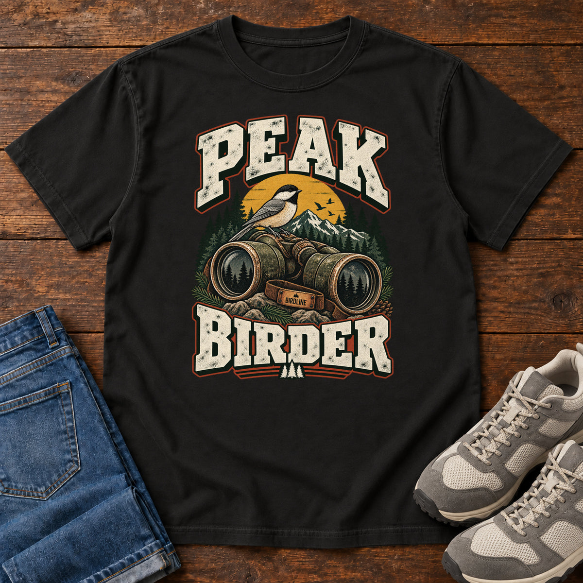 Black Peak Birder T-Shirt with a small black-capped bird on binoculars, with mountains and distressed cream lettering, front flat lay on wood.