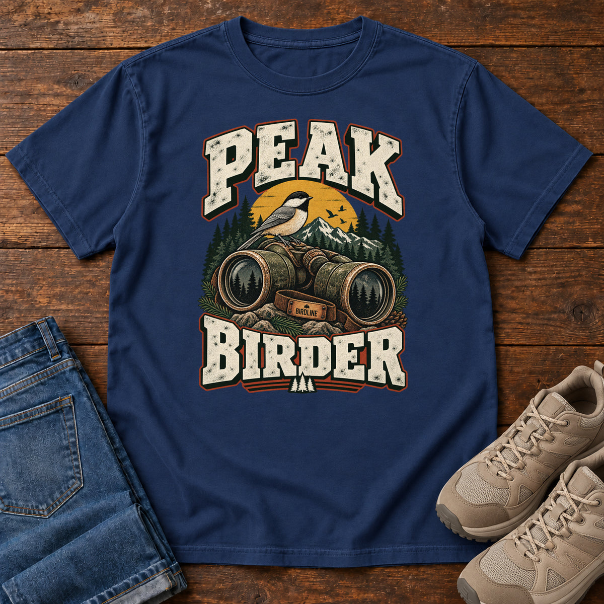 True Navy Peak Birder T-Shirt with a small black-capped bird on binoculars, with mountains and distressed cream lettering, front flat lay on wood.