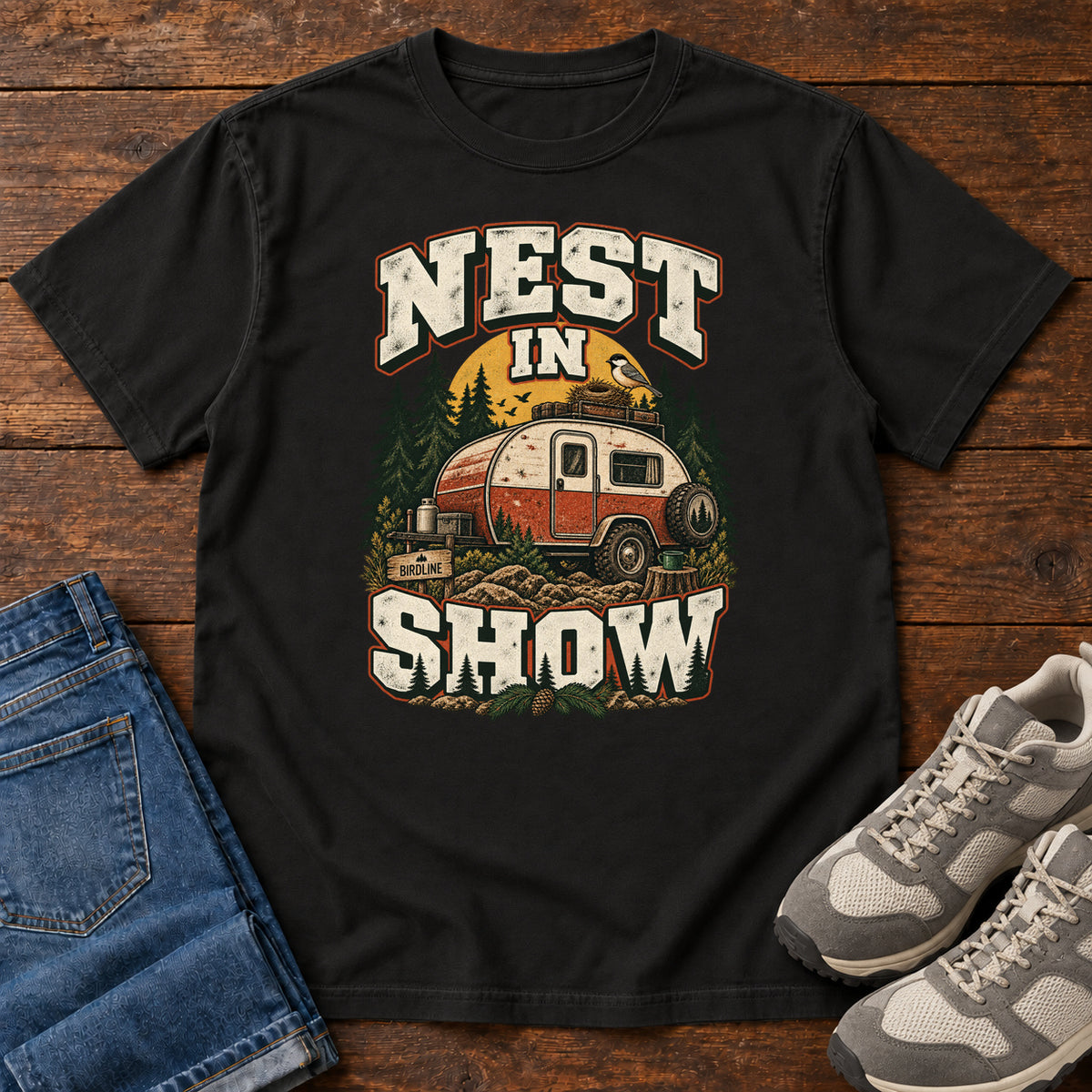 Black Nest in Show T-Shirt with a red-and-cream camper beneath pines, with a small bird and nest on its roof; front flat lay on wood.