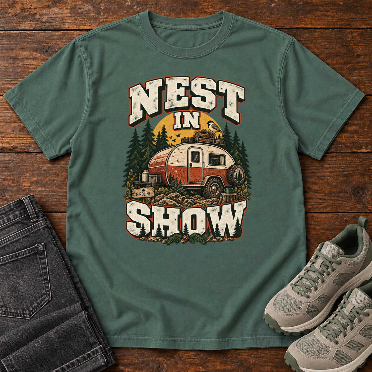 Blue Spruce Nest in Show T-Shirt with a red-and-cream camper beneath pines, with a small bird and nest on its roof; front flat lay on wood.