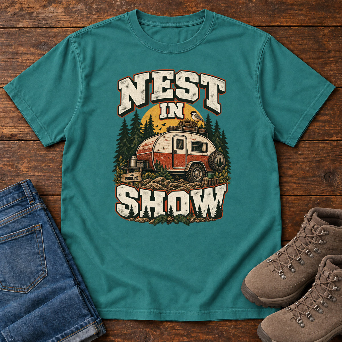 Emerald Nest in Show T-Shirt with a red-and-cream camper beneath pines, with a small bird and nest on its roof; front flat lay on wood.