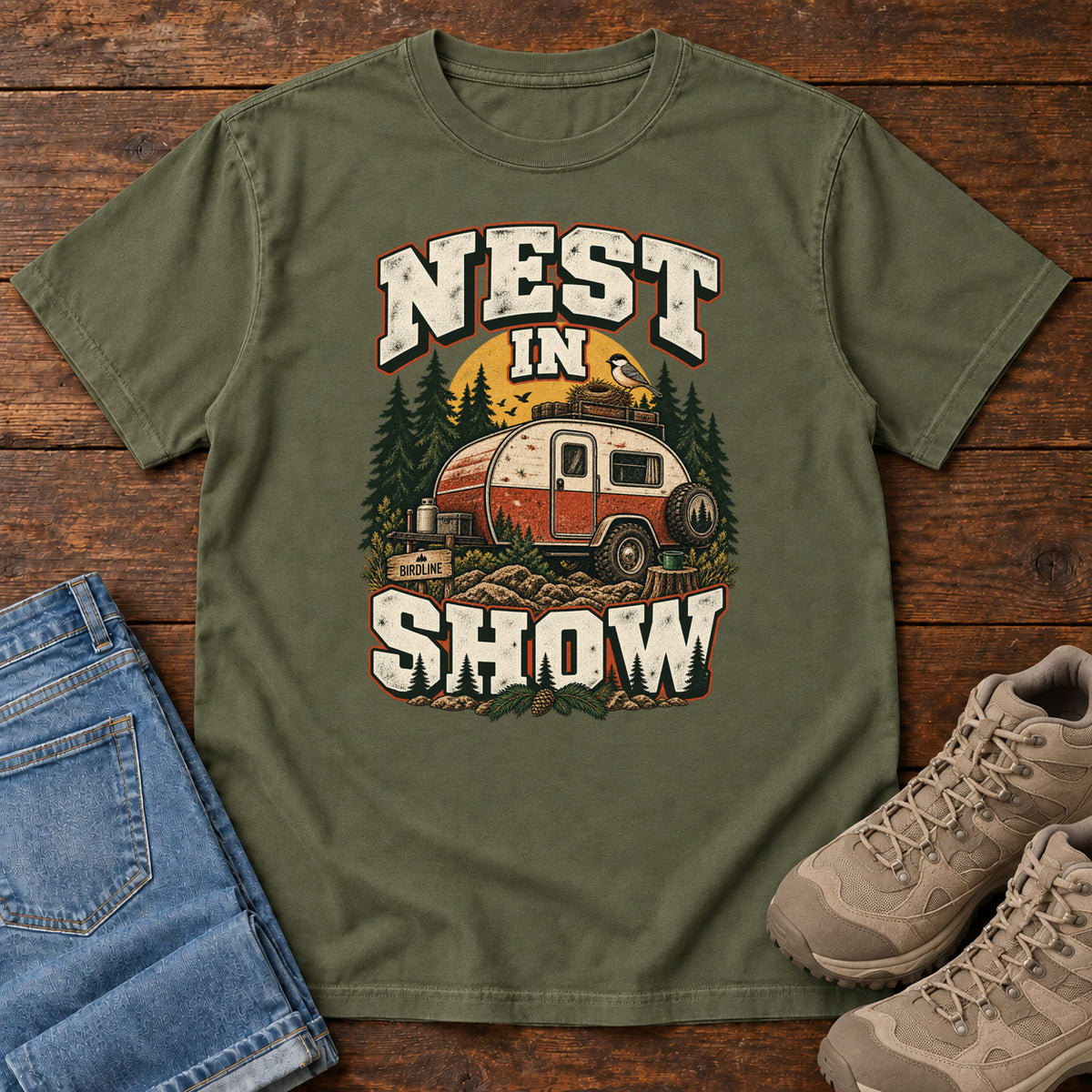 Hemp Nest in Show T-Shirt with a red-and-cream camper beneath pines, with a small bird and nest on its roof; front flat lay on wood.