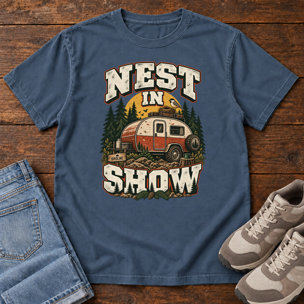 Midnight Nest in Show T-Shirt with a red-and-cream camper beneath pines, with a small bird and nest on its roof; front flat lay on wood.