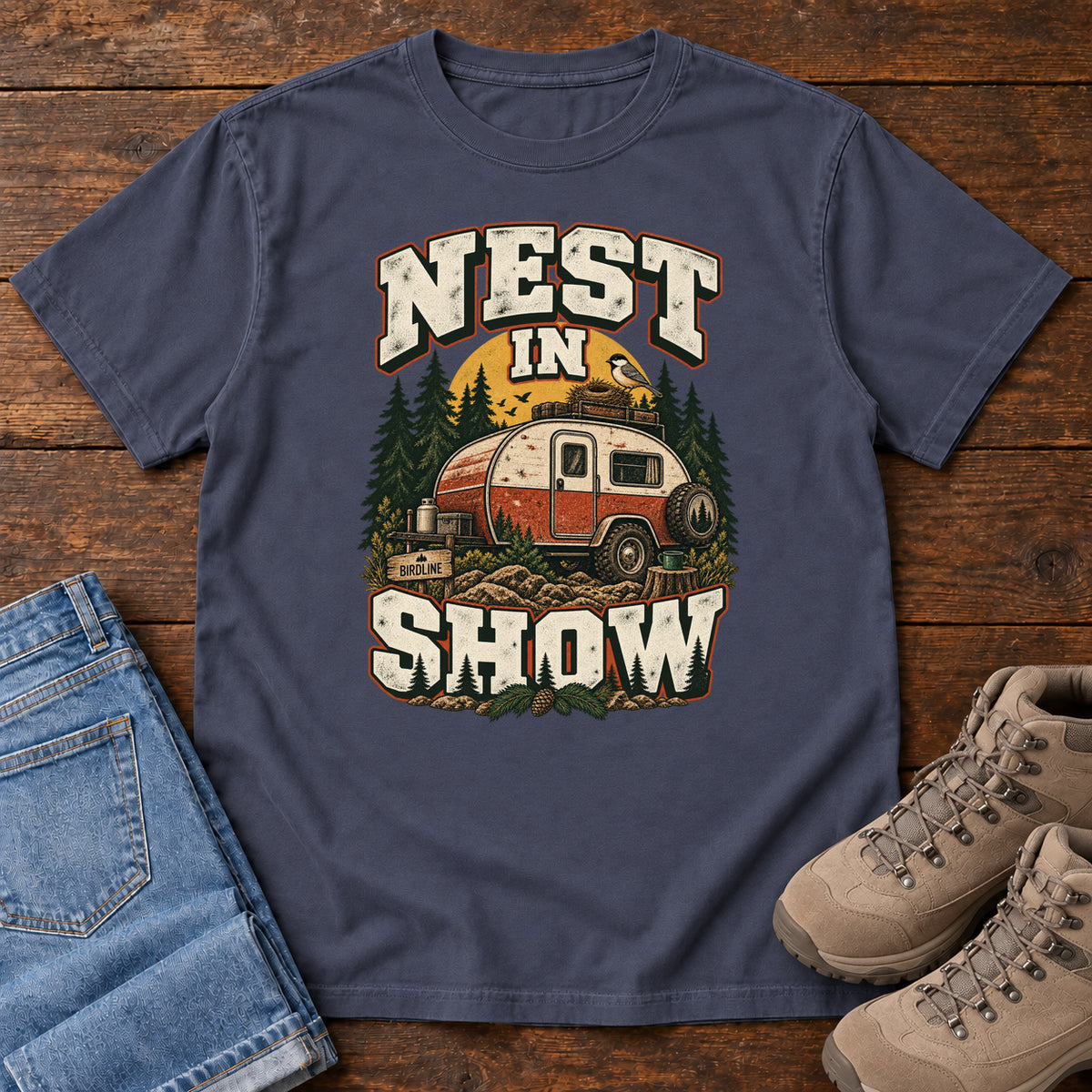 Navy Nest in Show T-Shirt with a red-and-cream camper beneath pines, with a small bird and nest on its roof; front flat lay on wood.