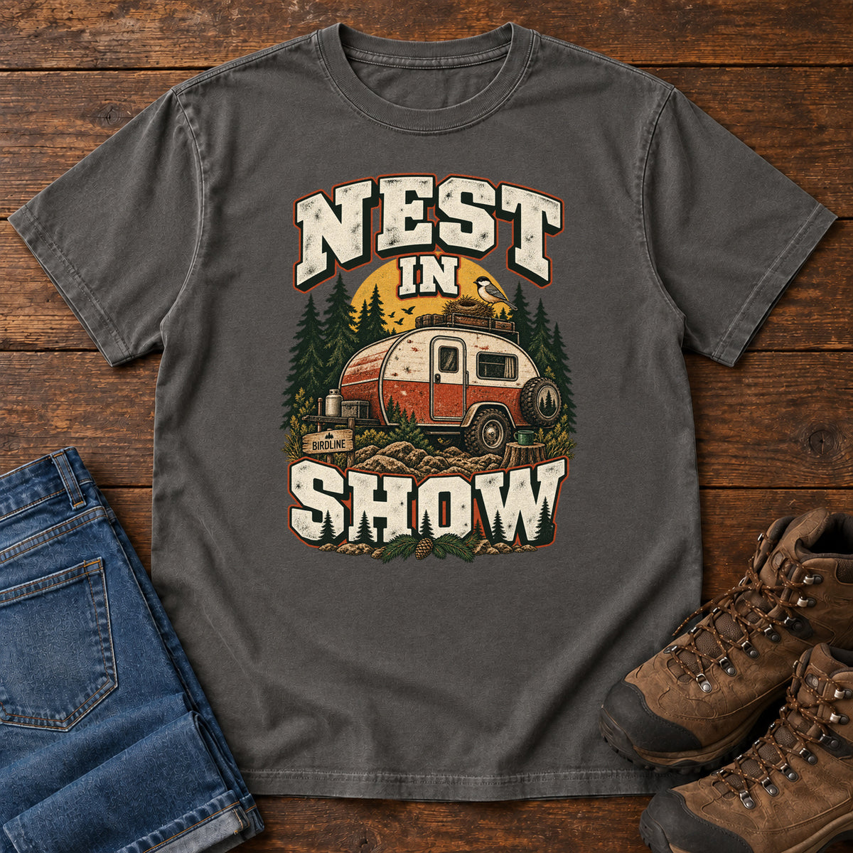 Pepper Nest in Show T-Shirt with a red-and-cream camper beneath pines, with a small bird and nest on its roof; front flat lay on wood.