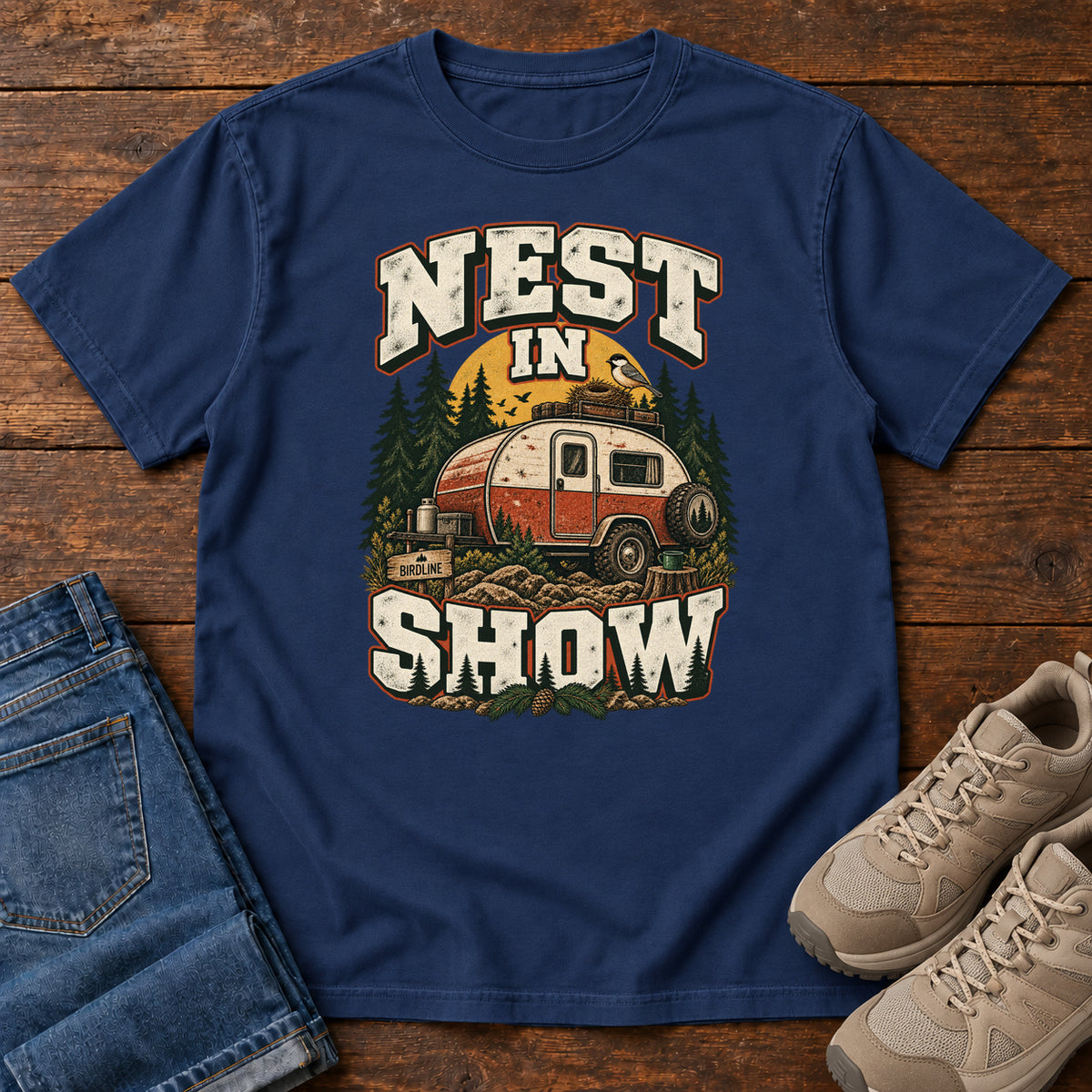 True Navy Nest in Show T-Shirt with a red-and-cream camper beneath pines, with a small bird and nest on its roof; front flat lay on wood.