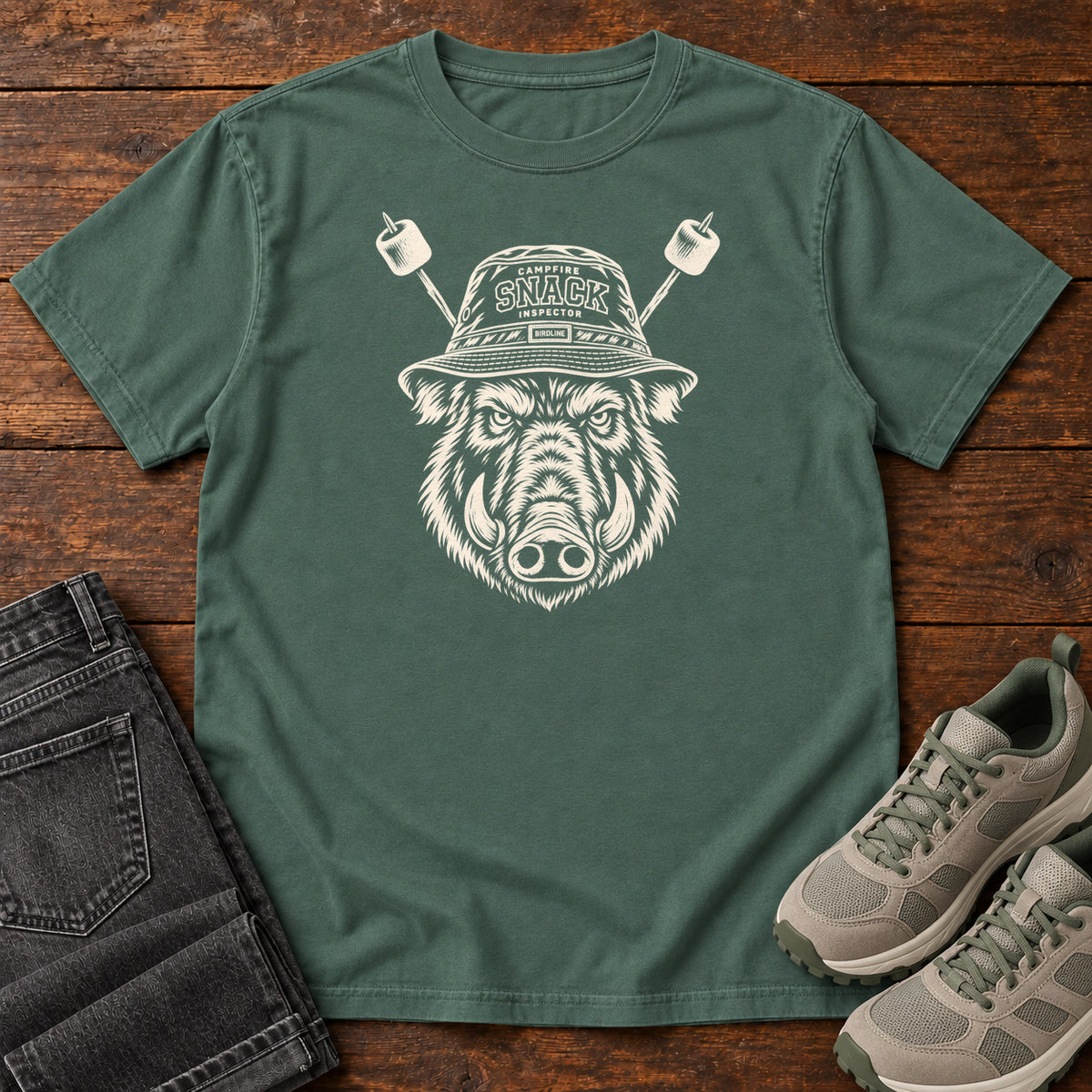 Snack Patrol Boar T-Shirt in Blue Spruce, front laid flat on wood, featuring a cream boar head wearing a bucket hat, with two marshmallow skewers behind it.