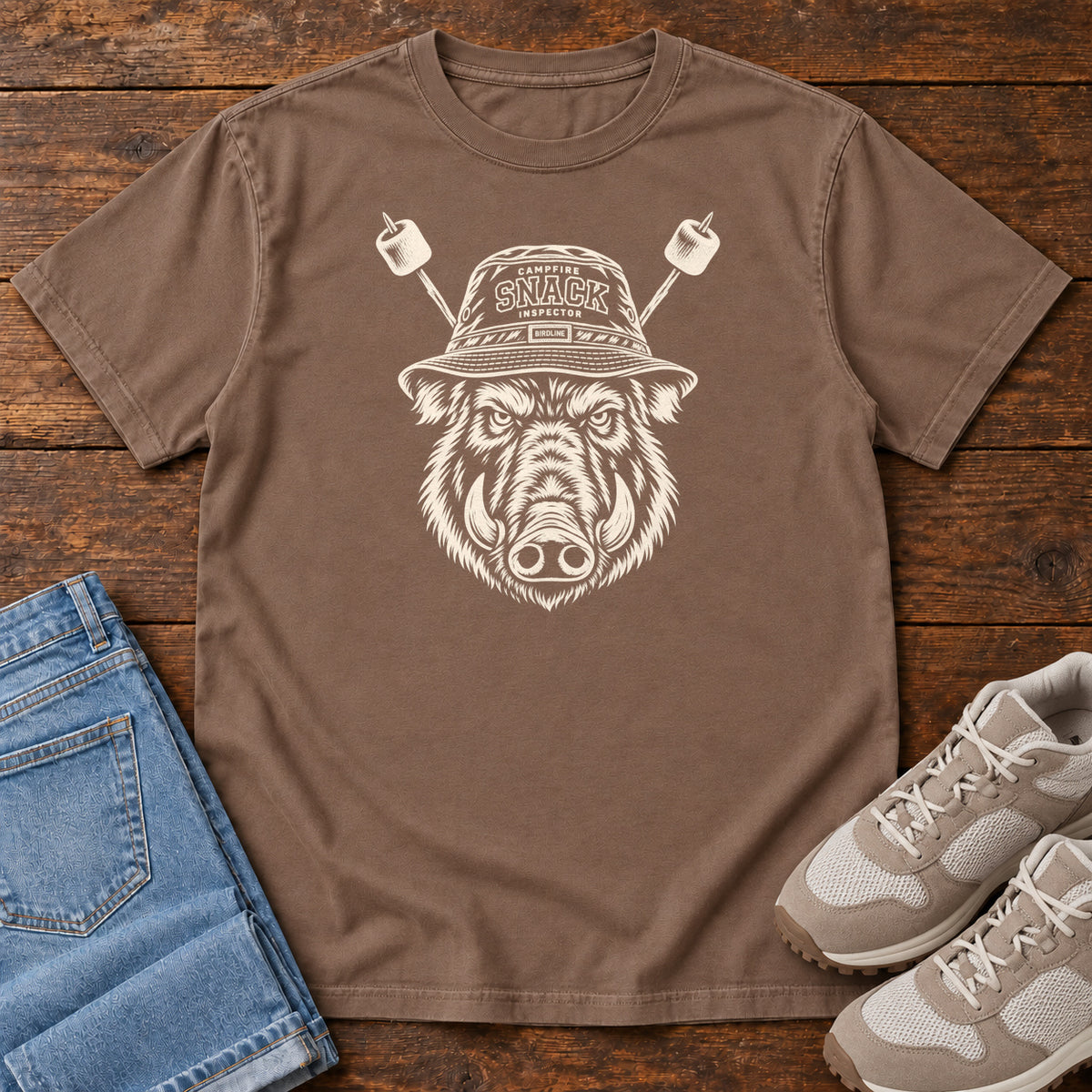 Snack Patrol Boar T-Shirt in Espresso, front laid flat on wood, featuring a cream boar head wearing a bucket hat, with two marshmallow skewers behind it.