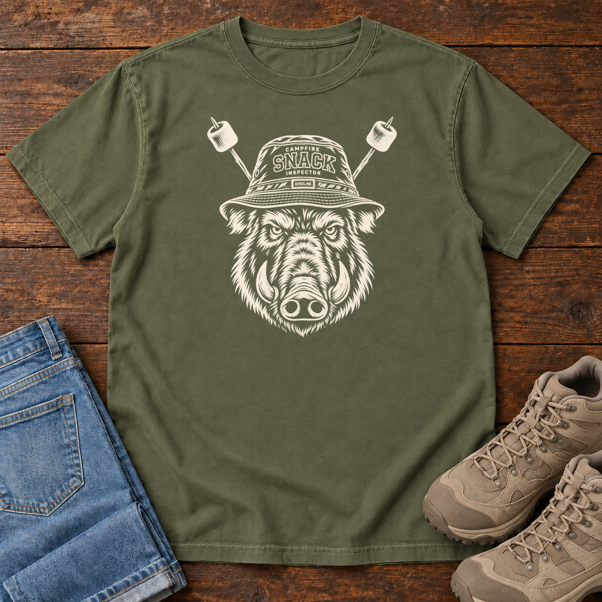 Snack Patrol Boar T-Shirt in Hemp, front laid flat on wood, featuring a cream boar head wearing a bucket hat, with two marshmallow skewers behind it.