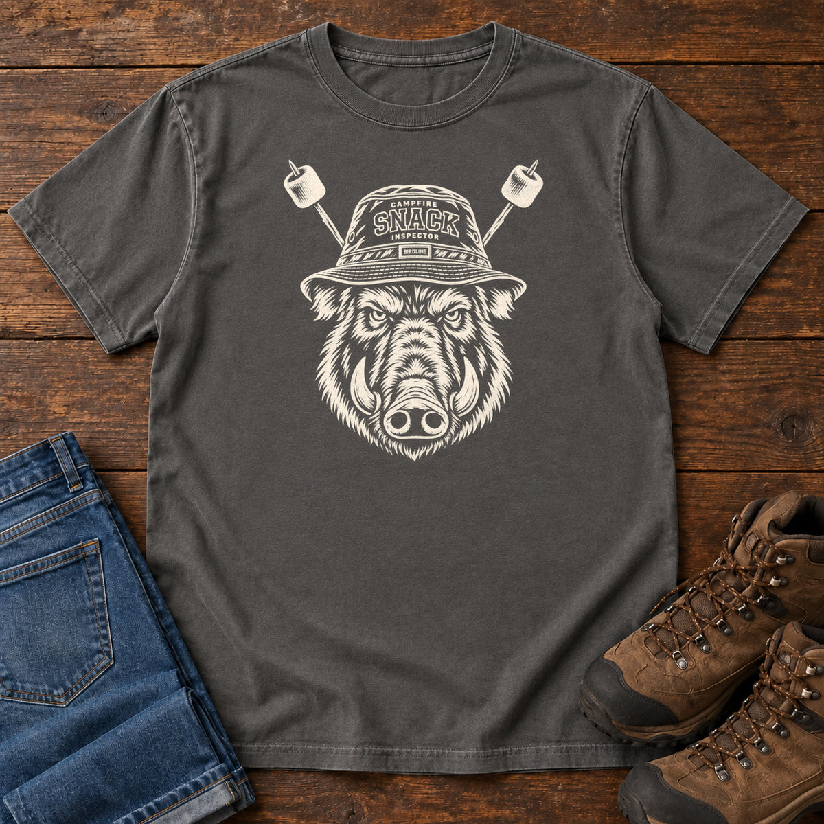 Snack Patrol Boar T-Shirt in Pepper, front laid flat on wood, featuring a cream boar head wearing a bucket hat, with two marshmallow skewers behind it.