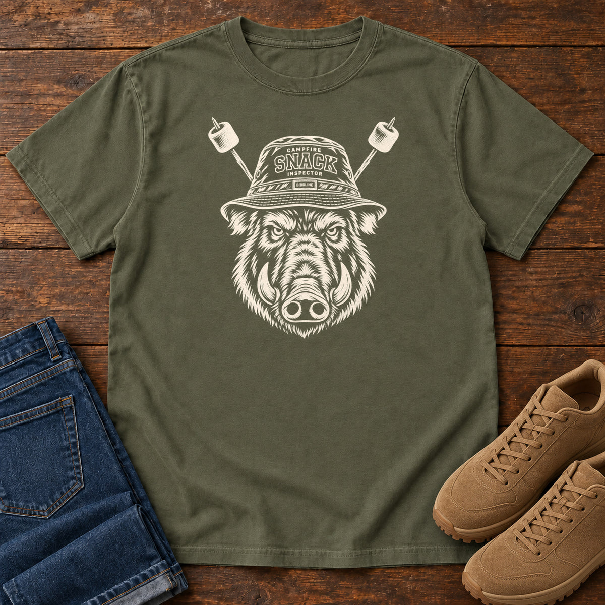 Snack Patrol Boar T-Shirt in Sage, front laid flat on wood, featuring a cream boar head wearing a bucket hat, with two marshmallow skewers behind it.