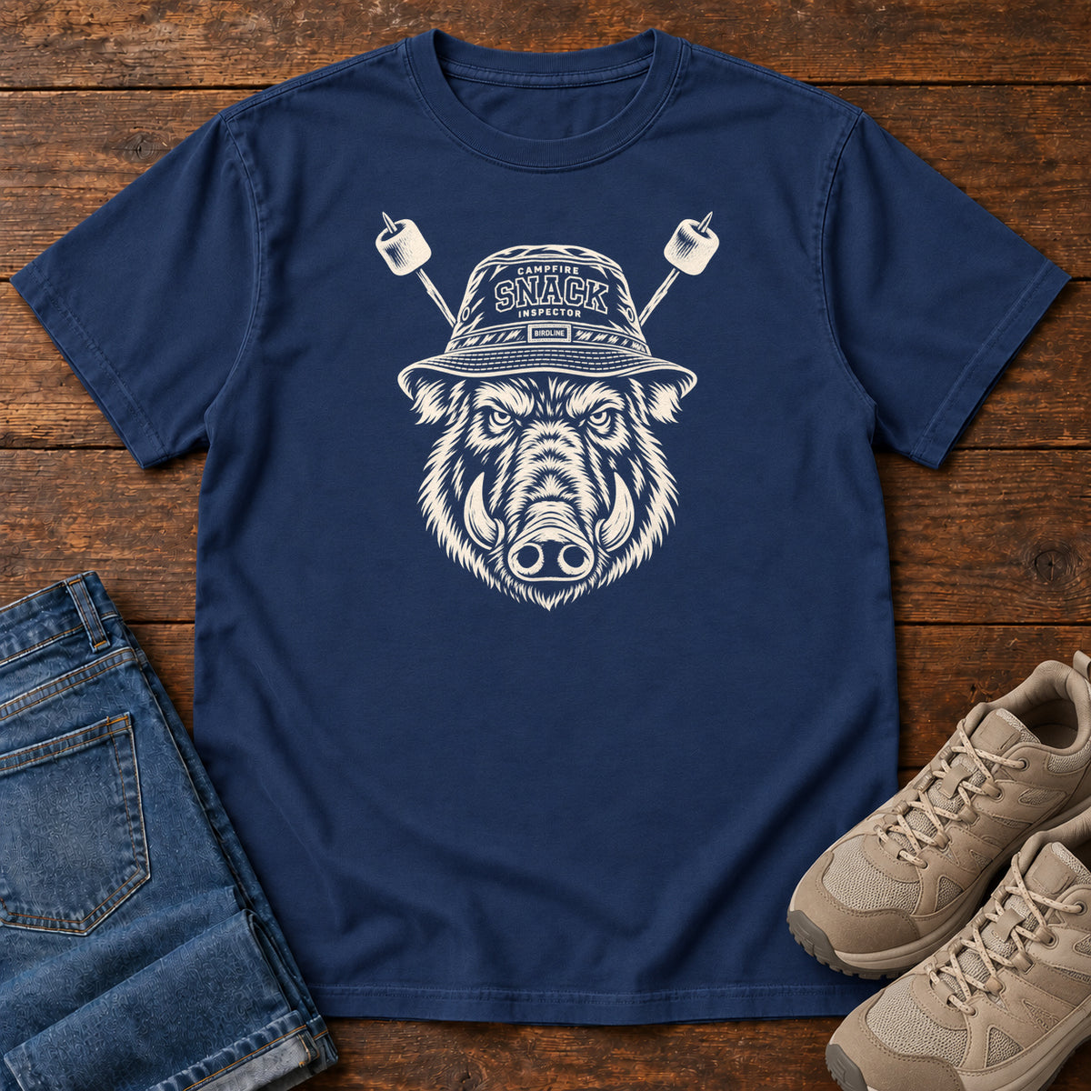 Snack Patrol Boar T-Shirt in True Navy, front laid flat on wood, featuring a cream boar head wearing a bucket hat, with two marshmallow skewers behind it.