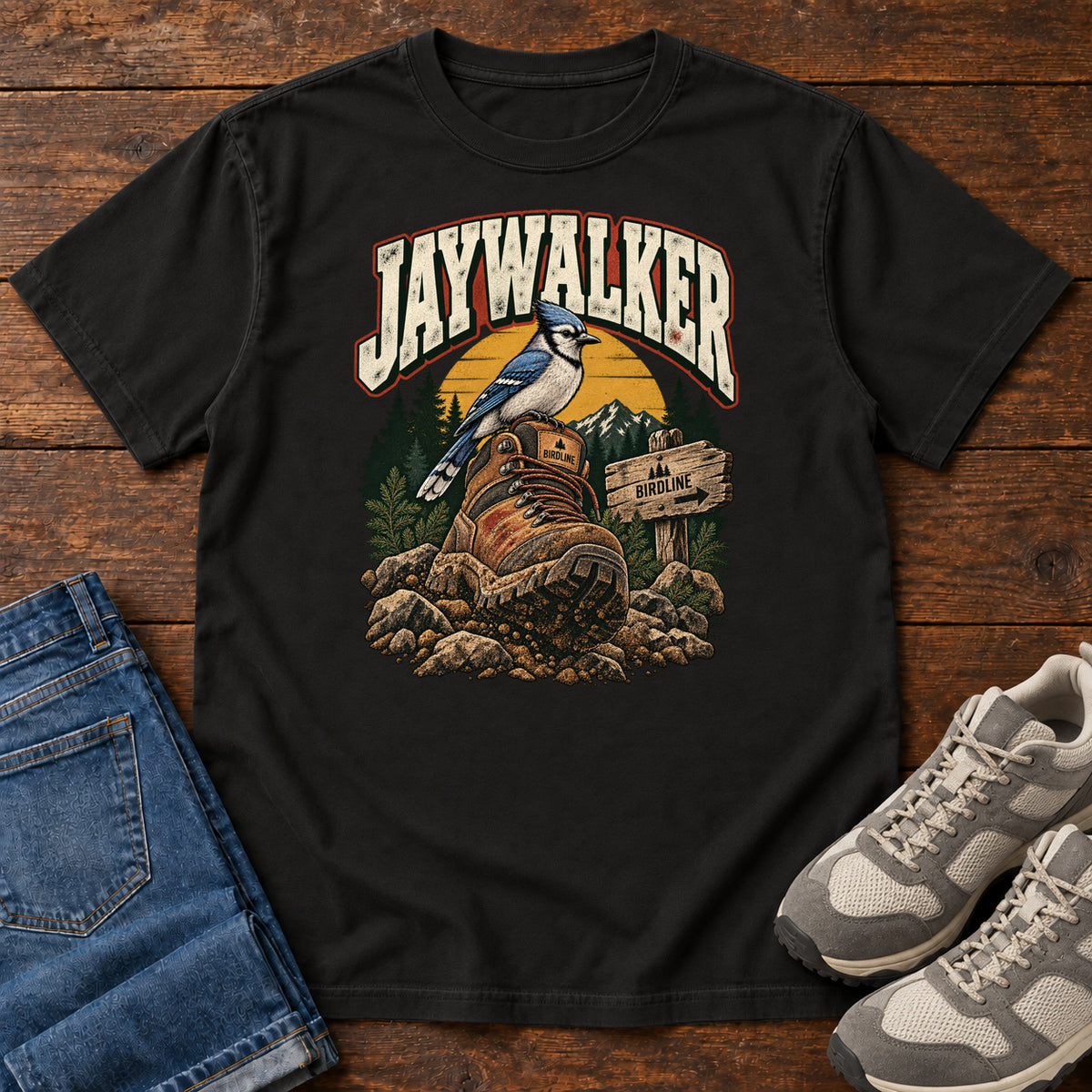 Black Jaywalker T-Shirt with a blue-and-white bird on a hiking boot beside a trail sign, front flat lay on wood.