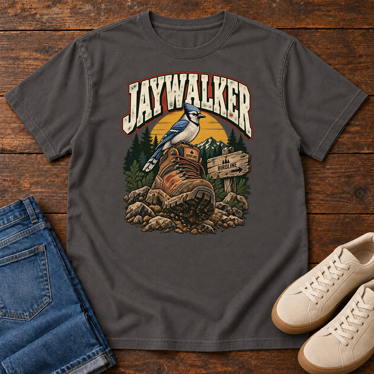 Graphite Jaywalker T-Shirt with a blue-and-white bird on a hiking boot beside a trail sign, front flat lay on wood.