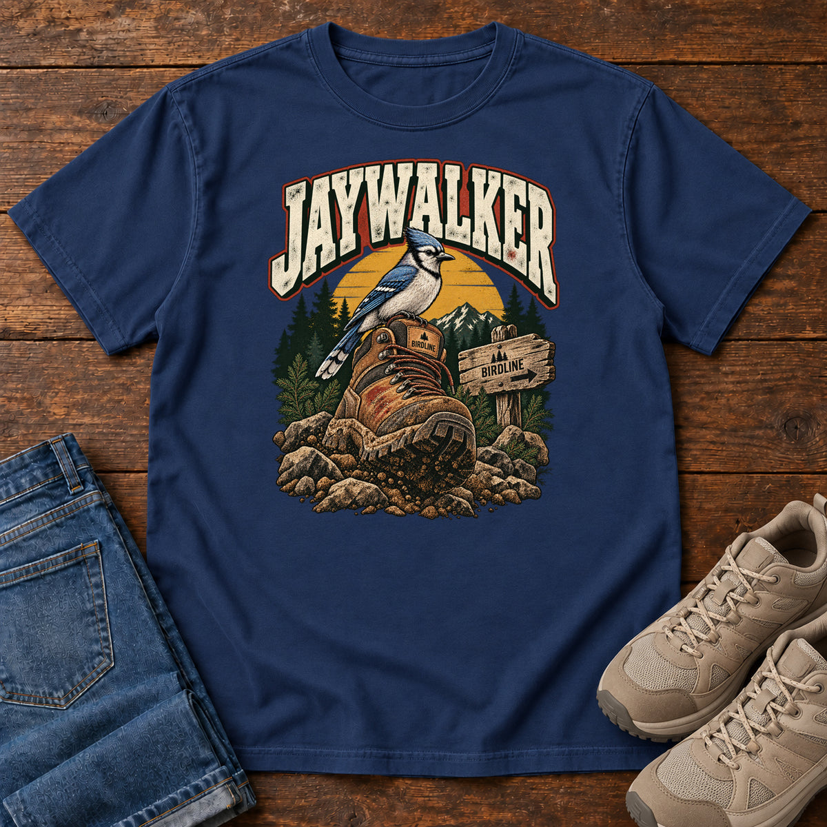 True Navy Jaywalker T-Shirt with a blue-and-white bird on a hiking boot beside a trail sign, front flat lay on wood.