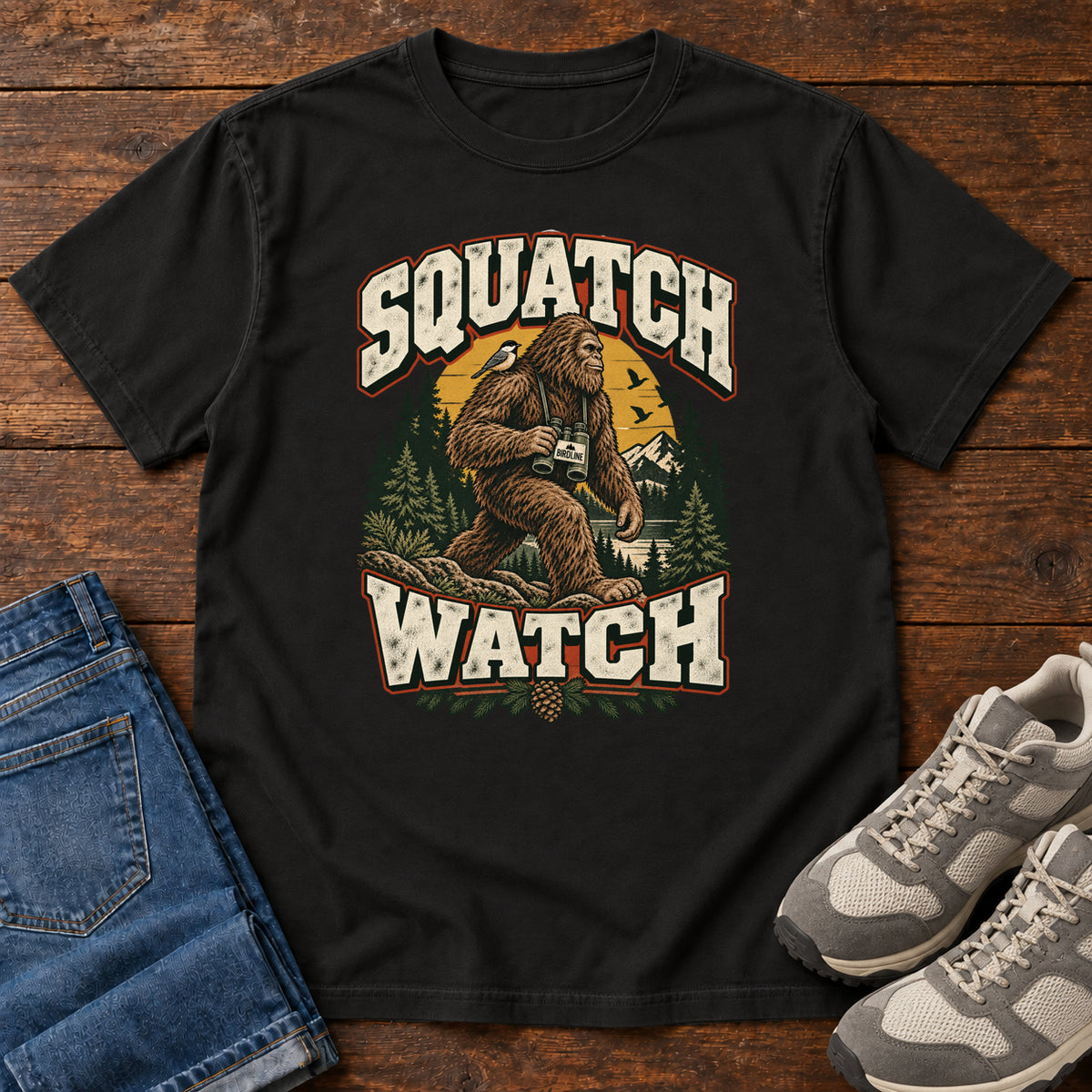 Squatch Watch T-Shirt in Black, front laid flat on wood, featuring a walking Sasquatch holding binoculars among pine trees, framed by large cream lettering.