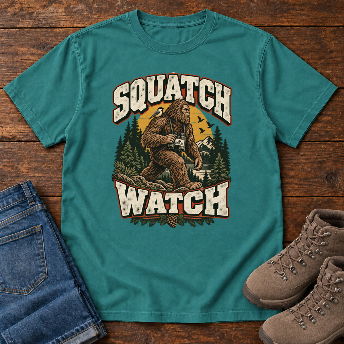 Squatch Watch T-Shirt in Emerald, front laid flat on wood, featuring a walking Sasquatch holding binoculars among pine trees, framed by large cream lettering.
