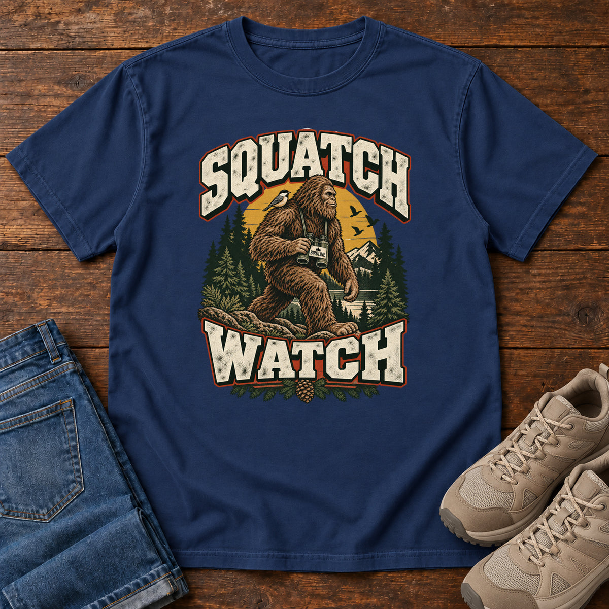 Squatch Watch T-Shirt in True Navy, front laid flat on wood, featuring a walking Sasquatch holding binoculars among pine trees, framed by large cream lettering.